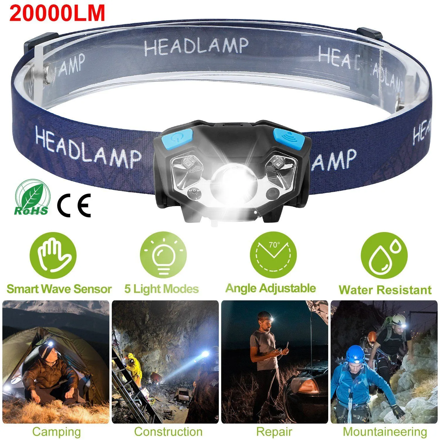 20000LM LED Headlamp USB Rechargeable Wave Motion Sensor Headlight