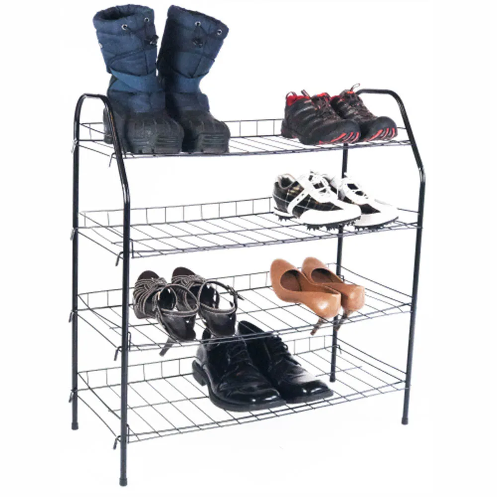 ATHome Entryway 4 Tier Shoe Shelf Storage Organizer - Super Space Saving Stackable Metal Shoe Rack Tower For Closet, Cabinet, & Entryway, Black