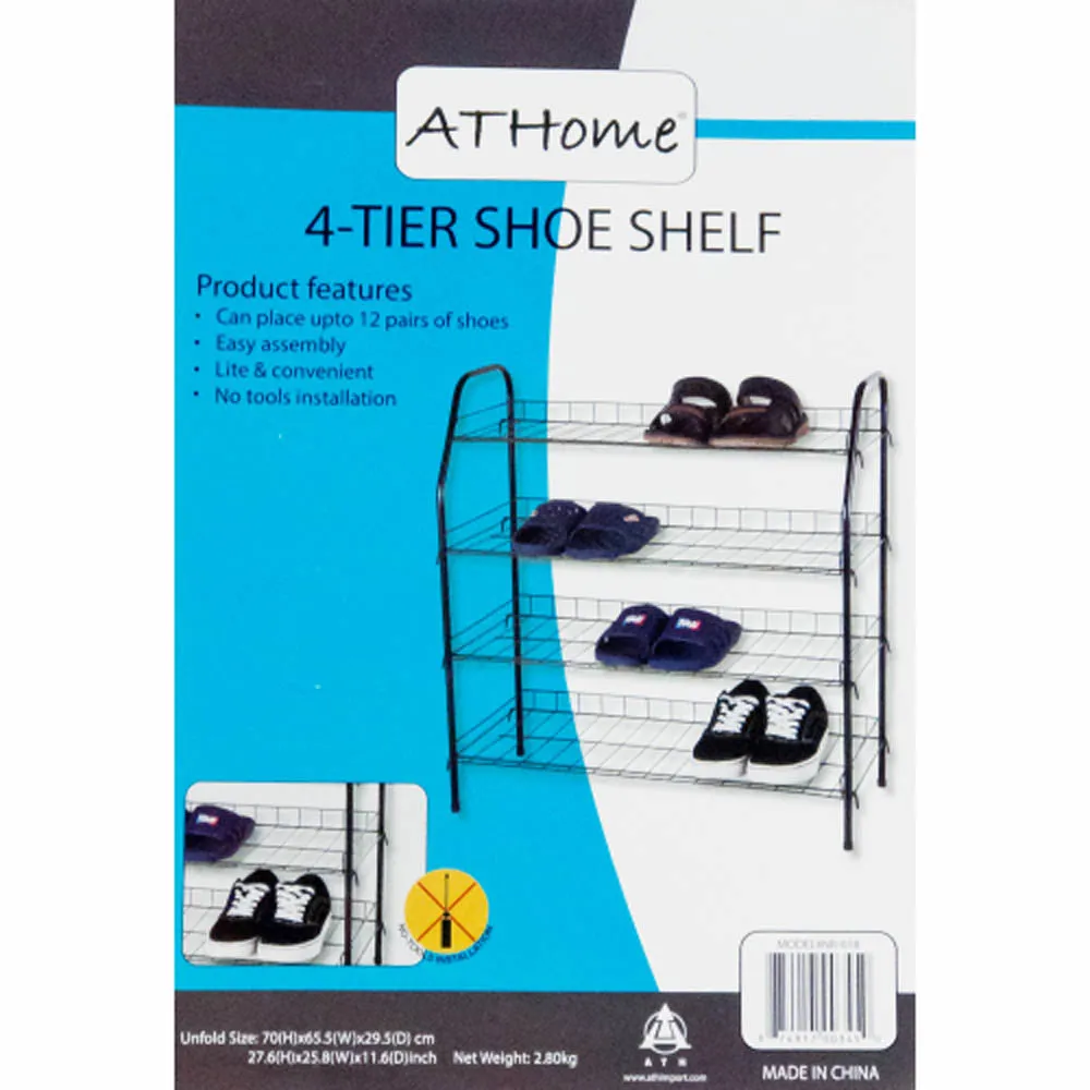 ATHome Entryway 4 Tier Shoe Shelf Storage Organizer - Super Space Saving Stackable Metal Shoe Rack Tower For Closet, Cabinet, & Entryway, Black