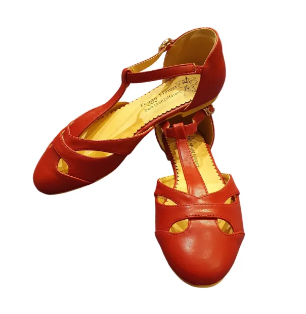 Edith Closed Toe Flat T Bar Shoes In Burgundy Red Only in 36(3) & 40 (6.5) Left
