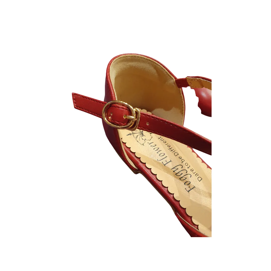 Edith Closed Toe Flat T Bar Shoes In Burgundy Red Only in 36(3) & 40 (6.5) Left