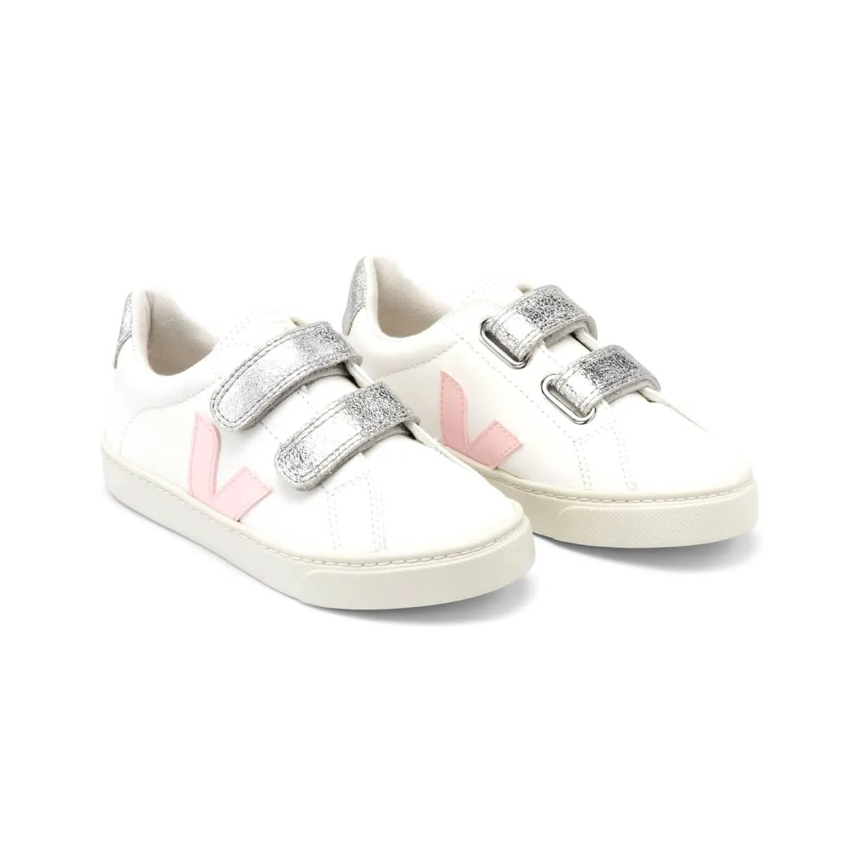 Esplar Small Velcro Leather Trainers in Extra White / Petale Silver by Veja