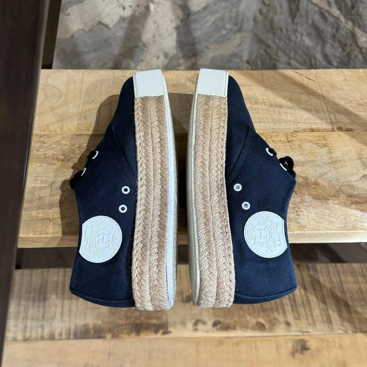 Hermès Navy Blue Canvas Rosa Espadrille Raffia Platform Sneakers