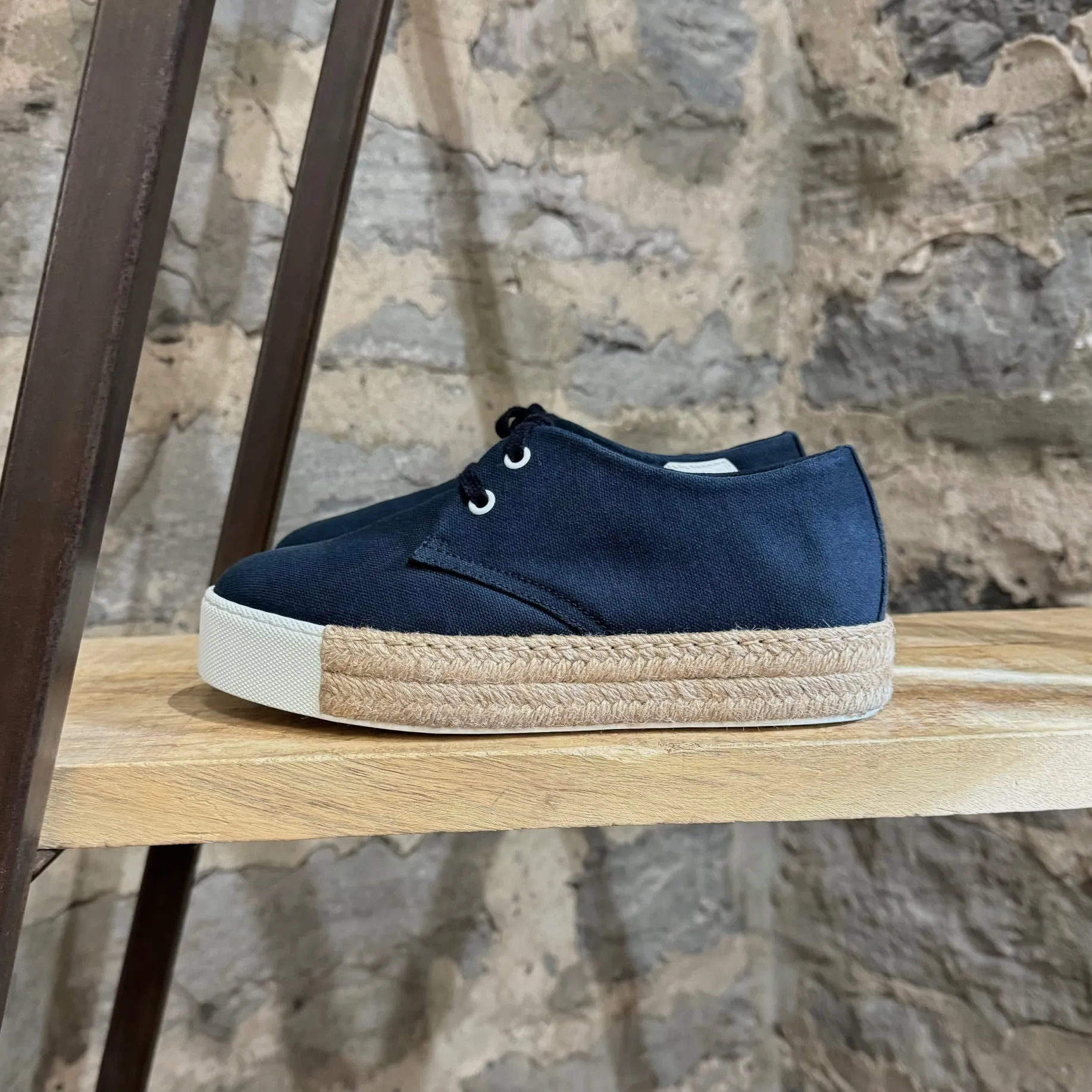 Hermès Navy Blue Canvas Rosa Espadrille Raffia Platform Sneakers
