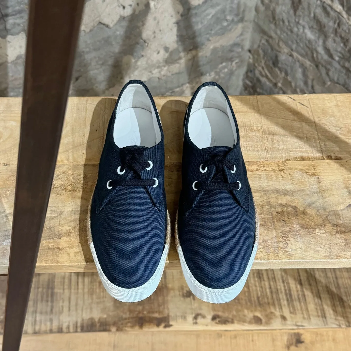 Hermès Navy Blue Canvas Rosa Espadrille Raffia Platform Sneakers