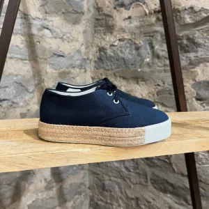 Hermès Navy Blue Canvas Rosa Espadrille Raffia Platform Sneakers