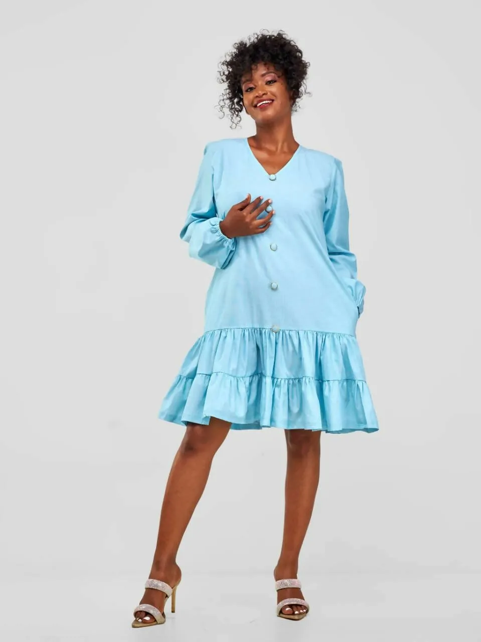Jolly Fancy Puffed Sleeve Shift Dress - Sky Blue