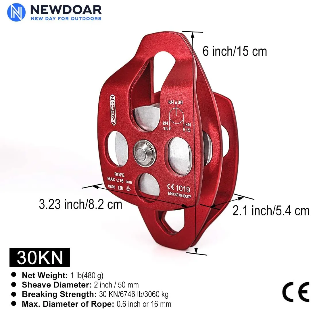 NewDoar 30 KN CE Certified Large Rescue Pulley Double Sheave with Swing Plate