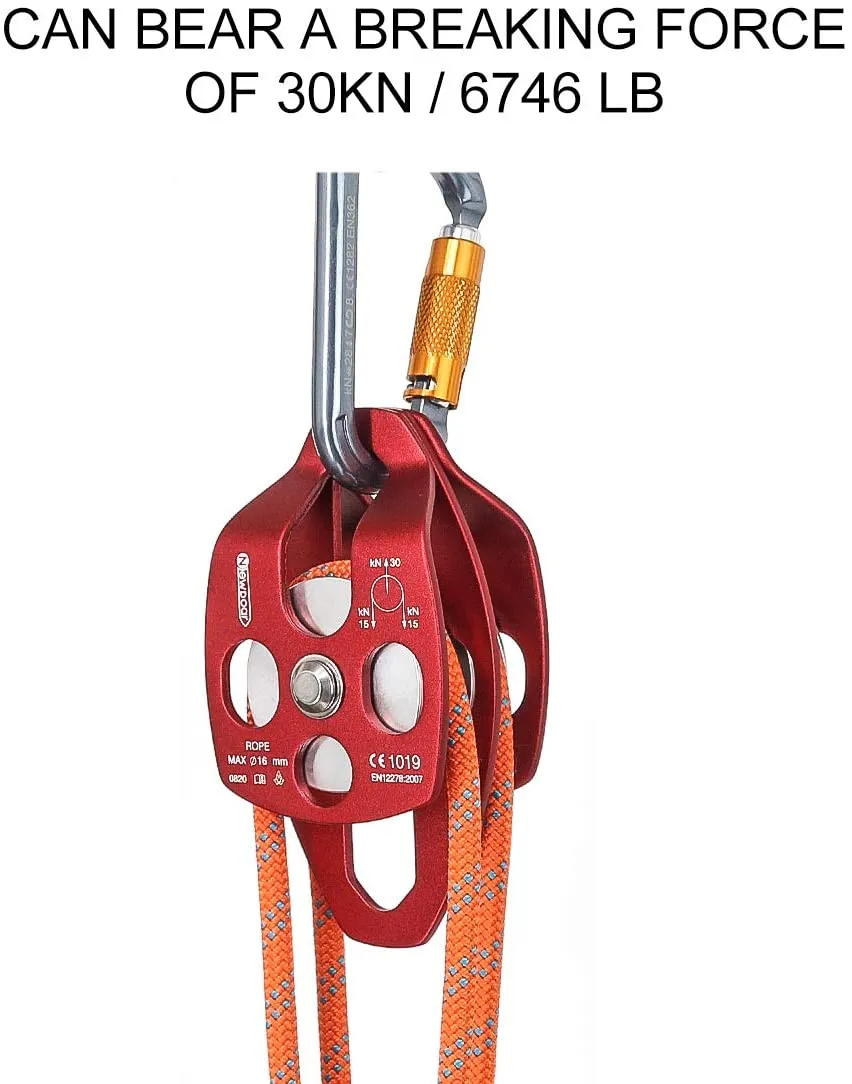 NewDoar 30 KN CE Certified Large Rescue Pulley Double Sheave with Swing Plate
