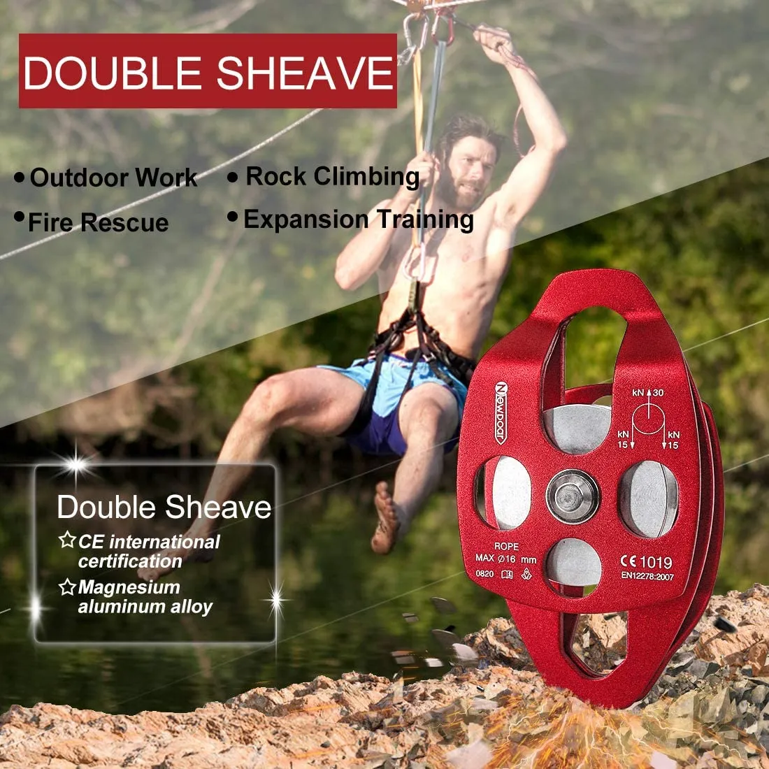 NewDoar 30 KN CE Certified Large Rescue Pulley Double Sheave with Swing Plate
