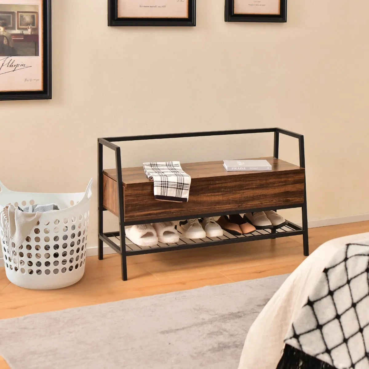 NNECW Industrial Shoe Bench with Hidden Storage Space for Hallway