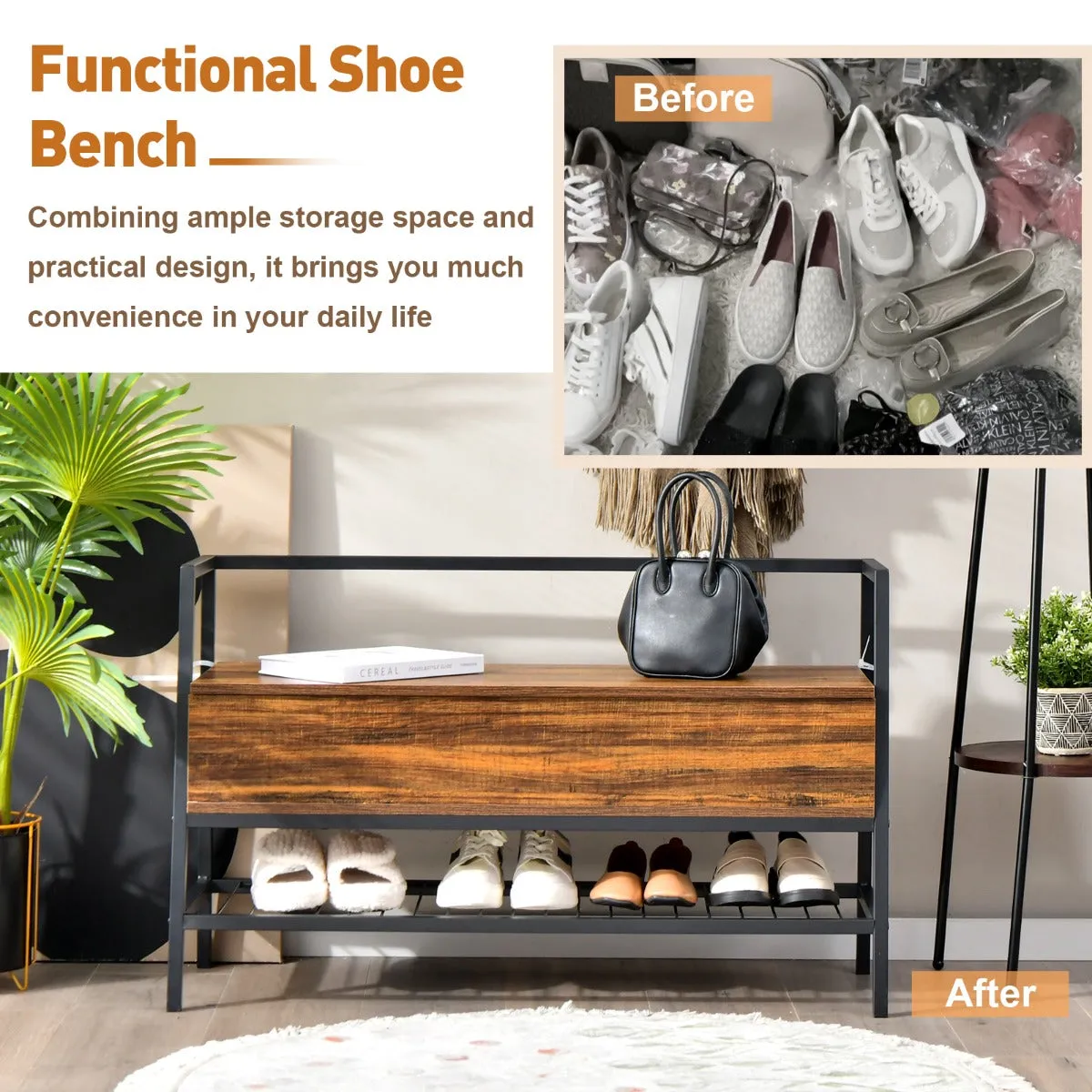 NNECW Industrial Shoe Bench with Hidden Storage Space for Hallway