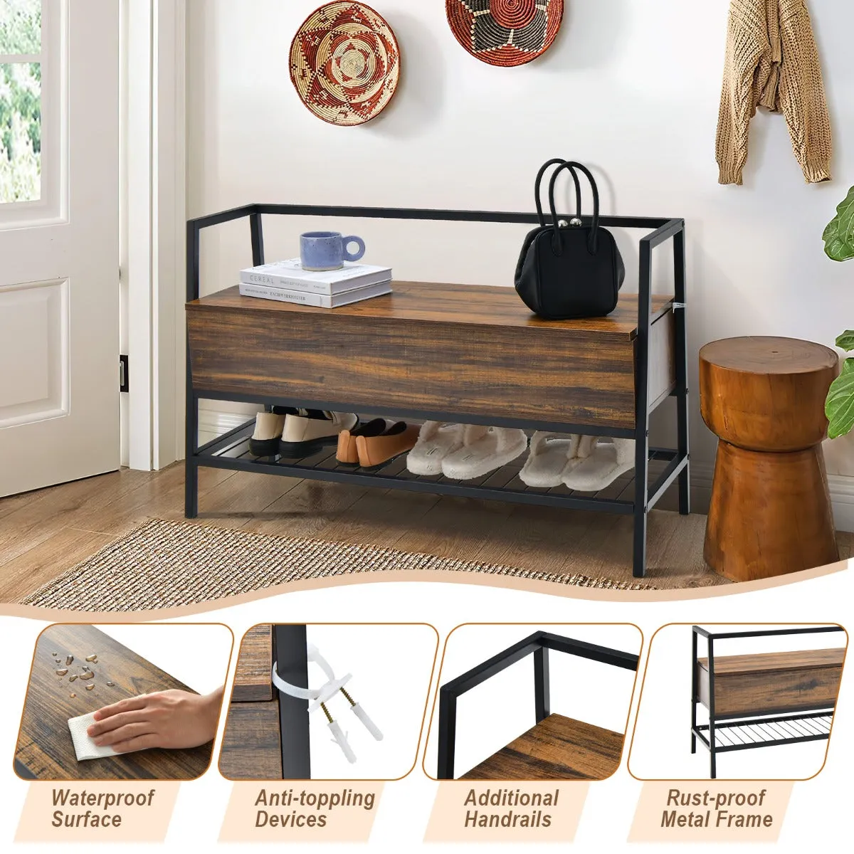 NNECW Industrial Shoe Bench with Hidden Storage Space for Hallway