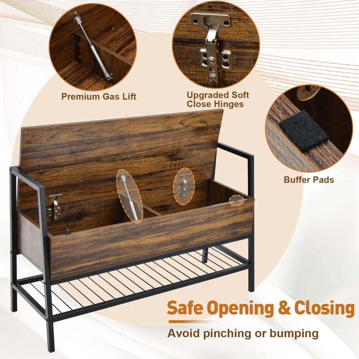 NNECW Industrial Shoe Bench with Hidden Storage Space for Hallway