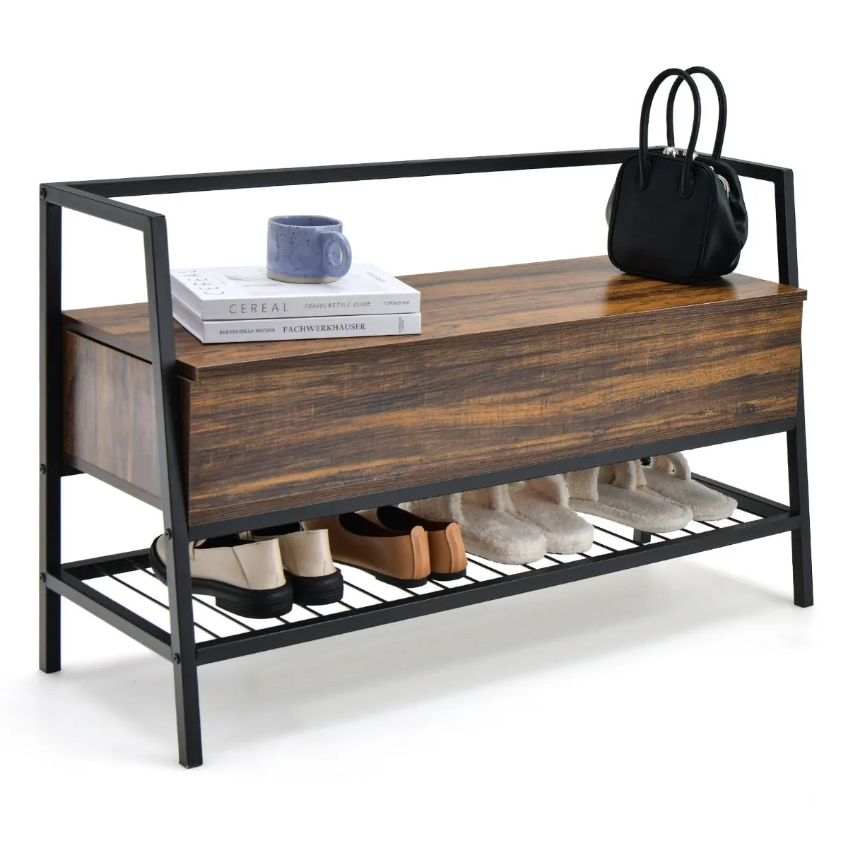 NNECW Industrial Shoe Bench with Hidden Storage Space for Hallway