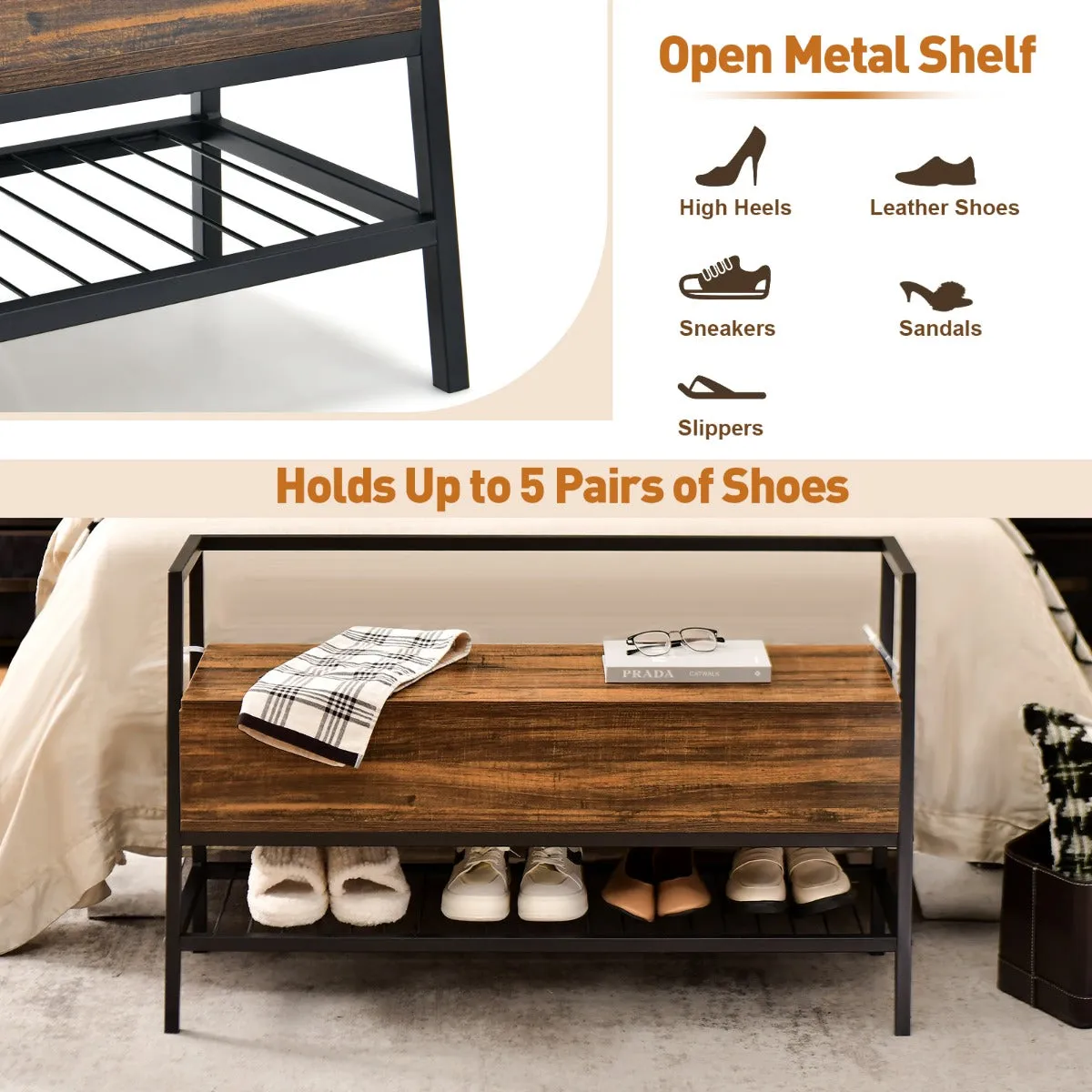NNECW Industrial Shoe Bench with Hidden Storage Space for Hallway