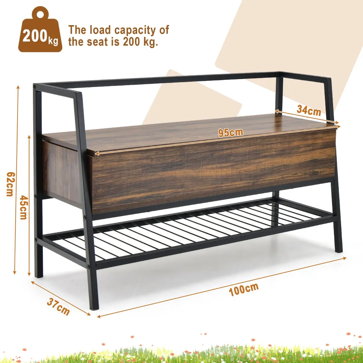 NNECW Industrial Shoe Bench with Hidden Storage Space for Hallway