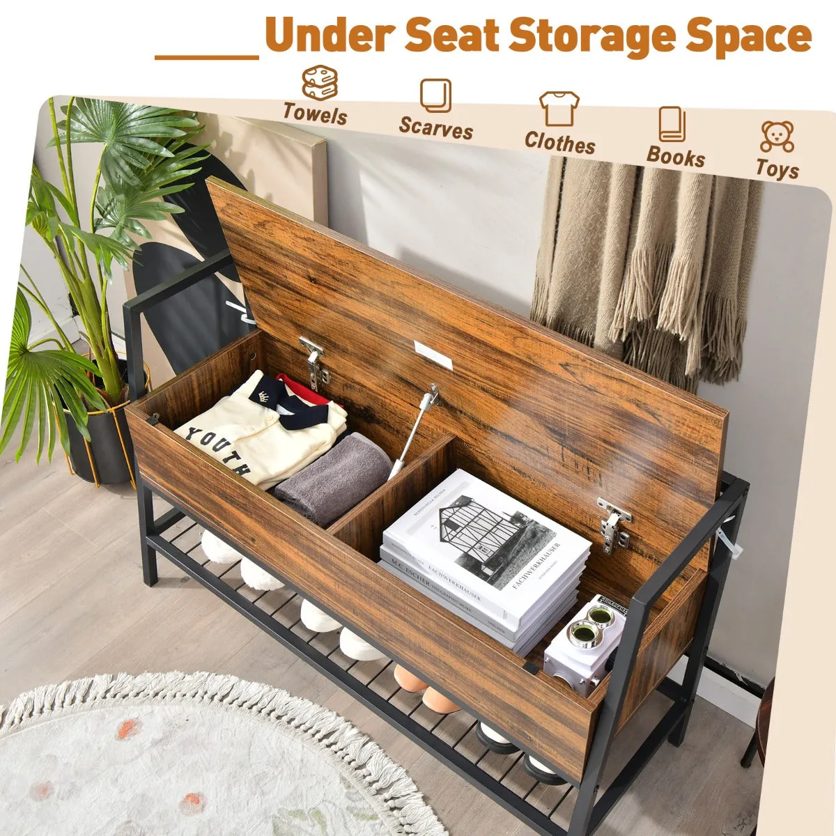 NNECW Industrial Shoe Bench with Hidden Storage Space for Hallway