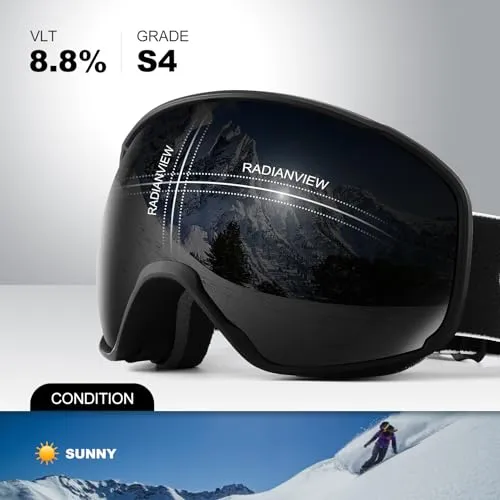 Odoland Snow Ski Goggles S4 Double Lens Anti-Fog OTG Windproof UV400 Eyewear for Men, Women and Youth-Skiing Snowboarding, Dull Black Frame Black Lens vlt 8.8%