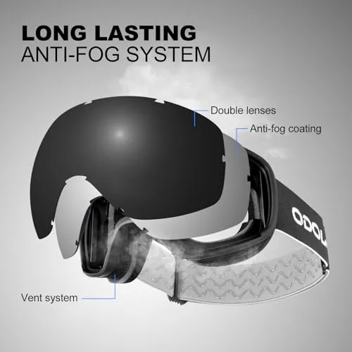 Odoland Snow Ski Goggles S4 Double Lens Anti-Fog OTG Windproof UV400 Eyewear for Men, Women and Youth-Skiing Snowboarding, Dull Black Frame Black Lens vlt 8.8%