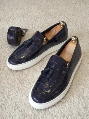 Ross Sardinelli Eva Sole Croc Design Navy Blue Tasseled Leather Shoes