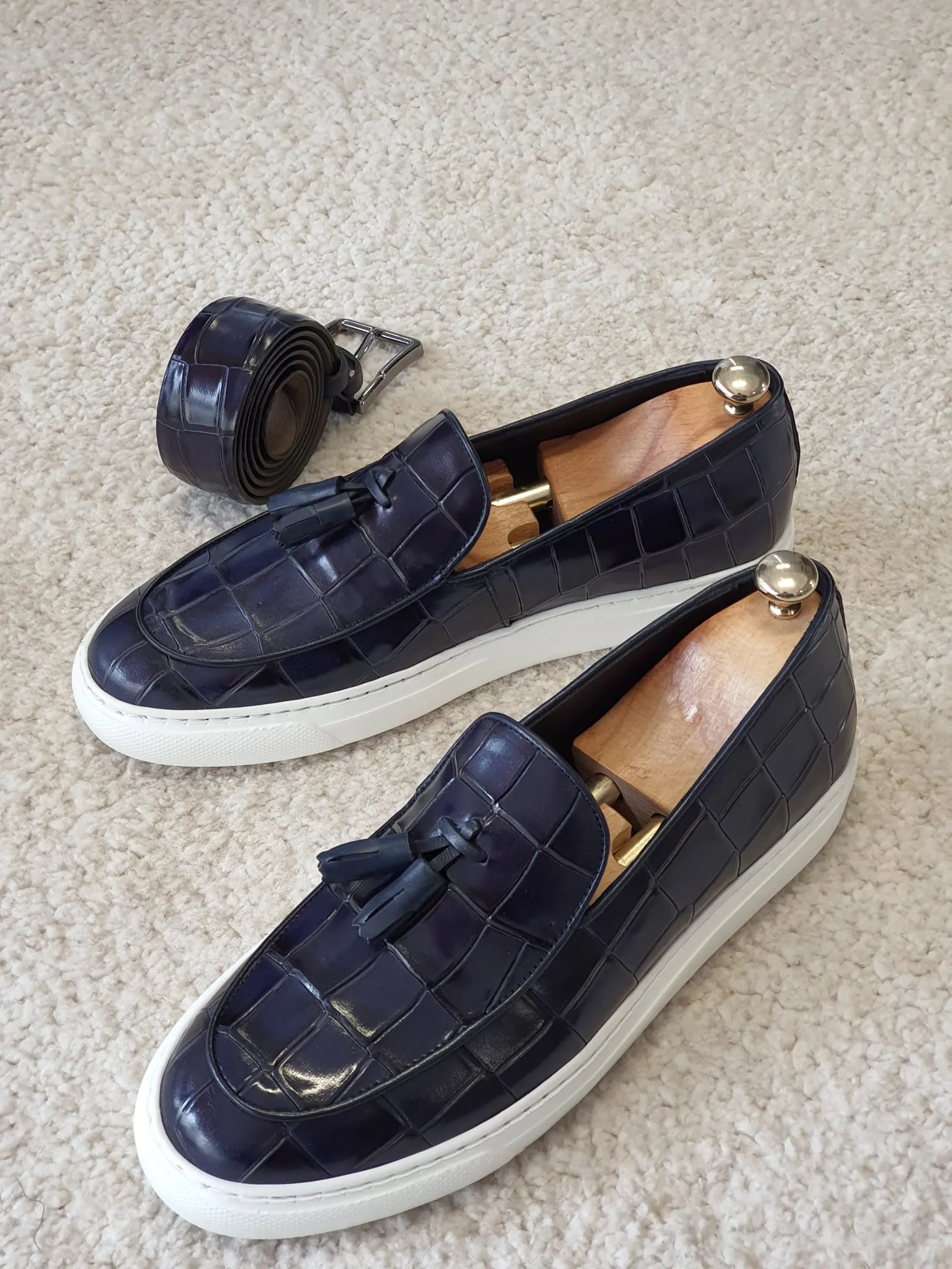 Ross Sardinelli Eva Sole Croc Design Navy Blue Tasseled Leather Shoes