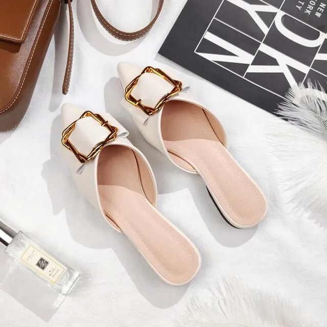 Small Large Women Shoes Front Closed Toe Metal Buckle Slippers, Flat Summer Outdoor Leisure Slides, Beige Black, Narrow/Wide Feet