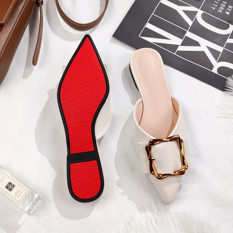 Small Large Women Shoes Front Closed Toe Metal Buckle Slippers, Flat Summer Outdoor Leisure Slides, Beige Black, Narrow/Wide Feet