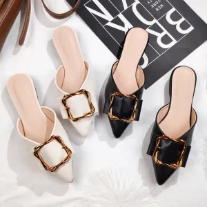 Small Large Women Shoes Front Closed Toe Metal Buckle Slippers, Flat Summer Outdoor Leisure Slides, Beige Black, Narrow/Wide Feet