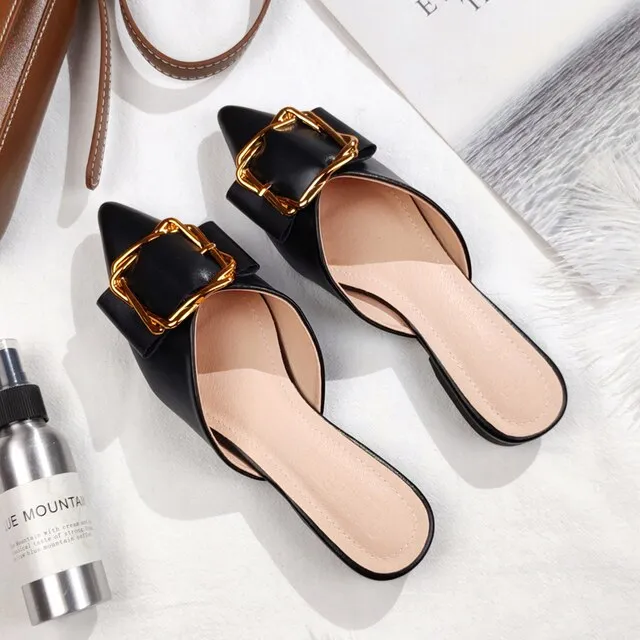 Small Large Women Shoes Front Closed Toe Metal Buckle Slippers, Flat Summer Outdoor Leisure Slides, Beige Black, Narrow/Wide Feet