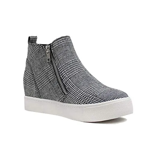 Soda Taylor Black White Plaid Hidden Fashion Wedge Sneaker Shoes Side Zipper