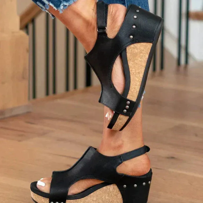 Velcro Peep Toe Rivet Decor Chunky Sandals