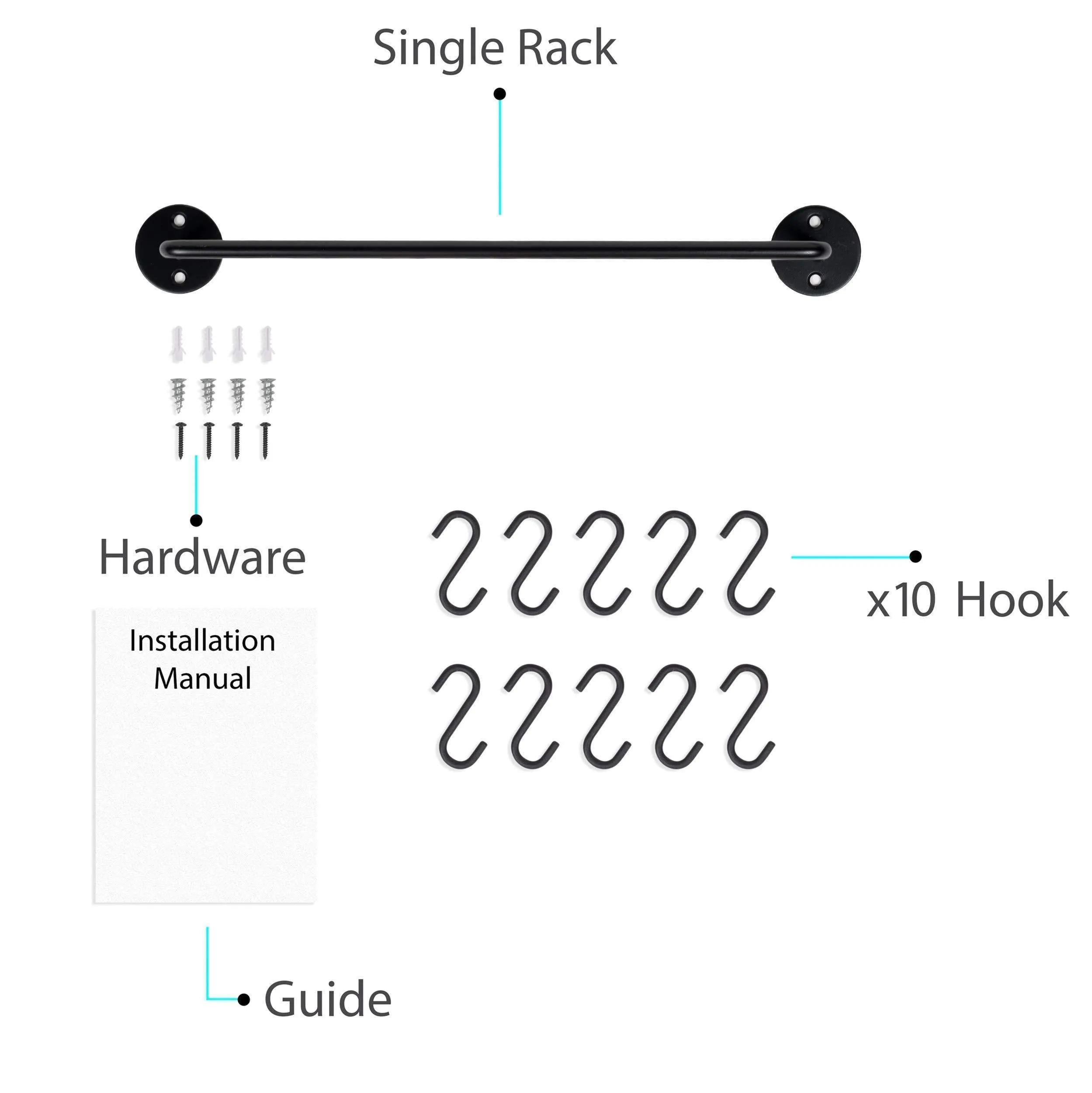 WALLNITURE Gourmet Kitchen Rail Rack Pot Pan Lid Organizer and 10 Hooks 16 Inch Black