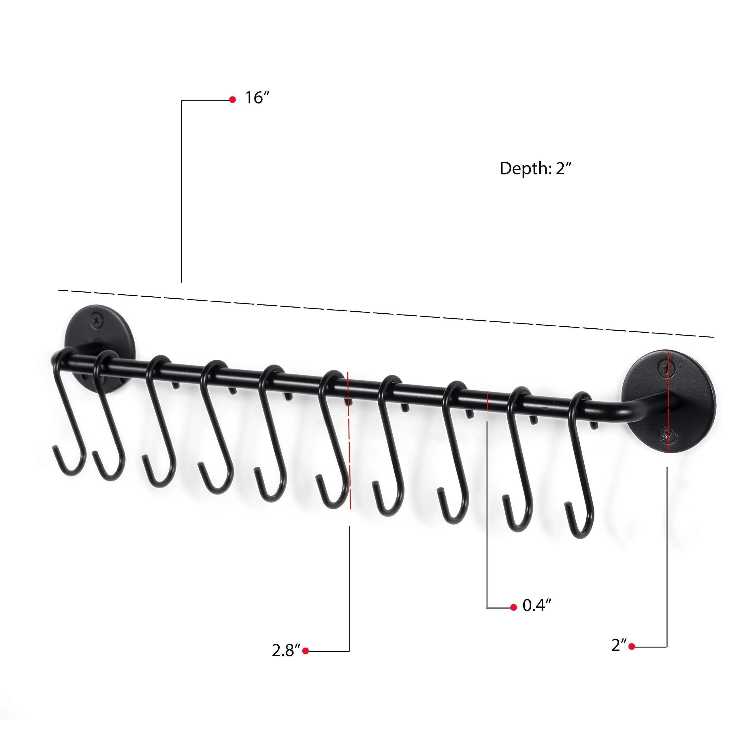 WALLNITURE Gourmet Kitchen Rail Rack Pot Pan Lid Organizer and 10 Hooks 16 Inch Black