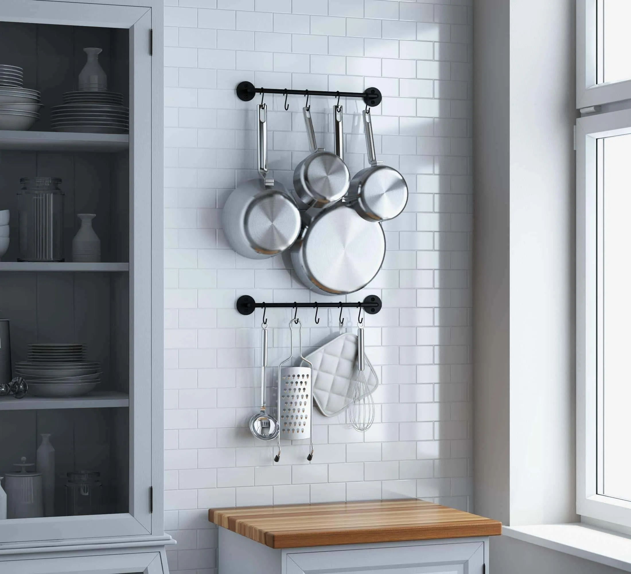 WALLNITURE Gourmet Kitchen Rail Rack Pot Pan Lid Organizer and 10 Hooks 16 Inch Black