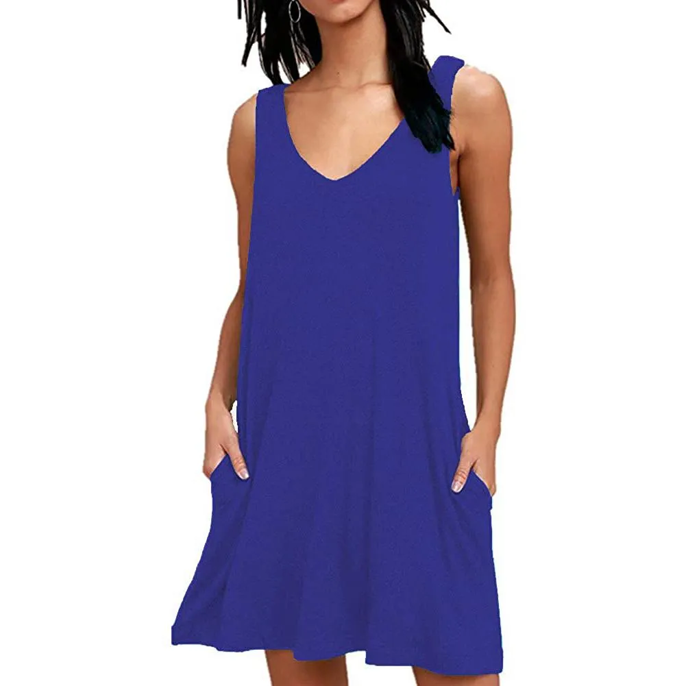 Women Summer Casual T Shirt Dresses Beach Cover up Plain Pleated Tank Dress