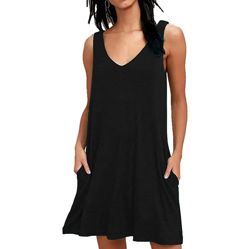 Women Summer Casual T Shirt Dresses Beach Cover up Plain Pleated Tank Dress