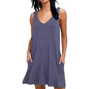 Women Summer Casual T Shirt Dresses Beach Cover up Plain Pleated Tank Dress