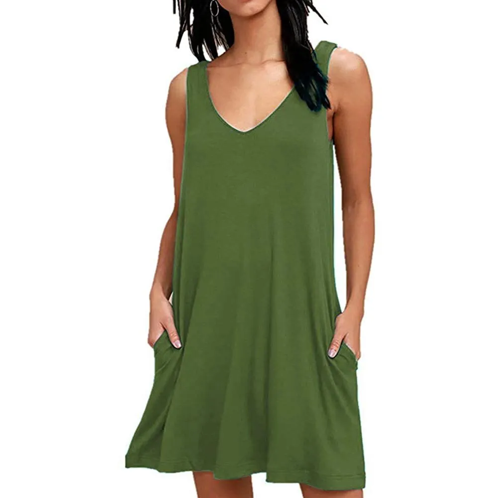 Women Summer Casual T Shirt Dresses Beach Cover up Plain Pleated Tank Dress