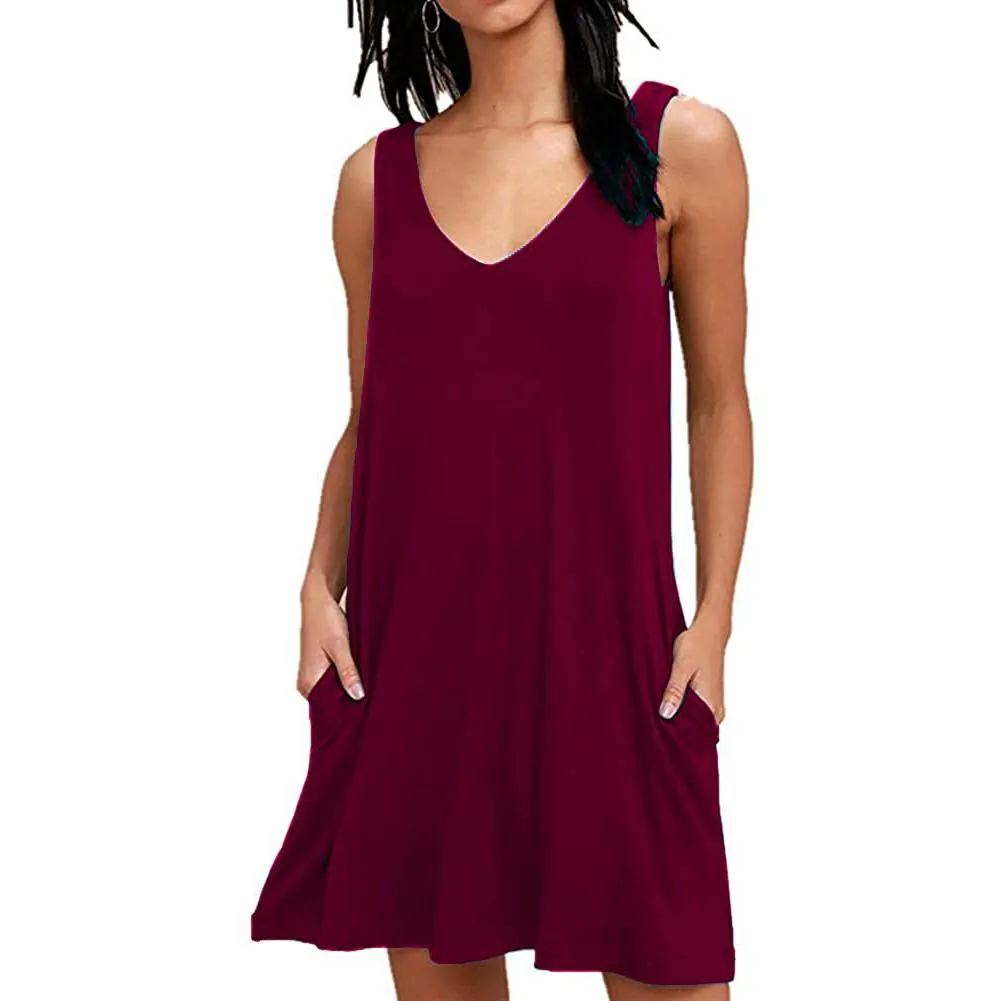 Women Summer Casual T Shirt Dresses Beach Cover up Plain Pleated Tank Dress