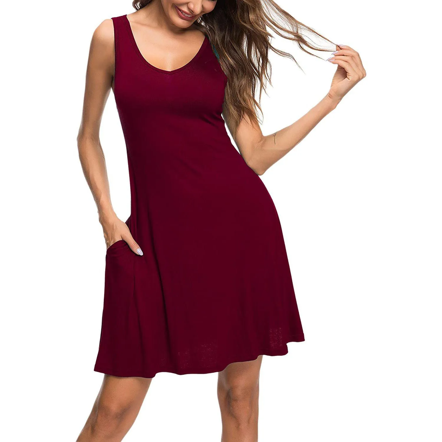 Women Summer Casual T Shirt Dresses Beach Cover up Plain Pleated Tank Dress