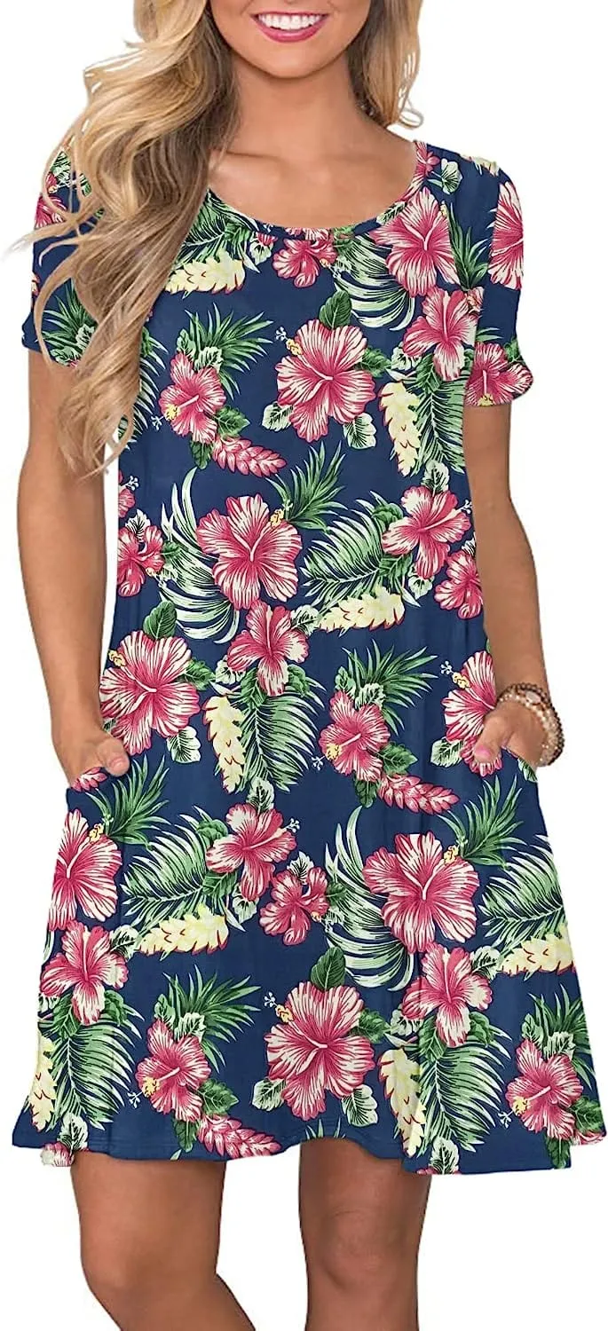 Women's Summer Casual T Shirt Dresses Short Sleeve Swing Dress with Pockets