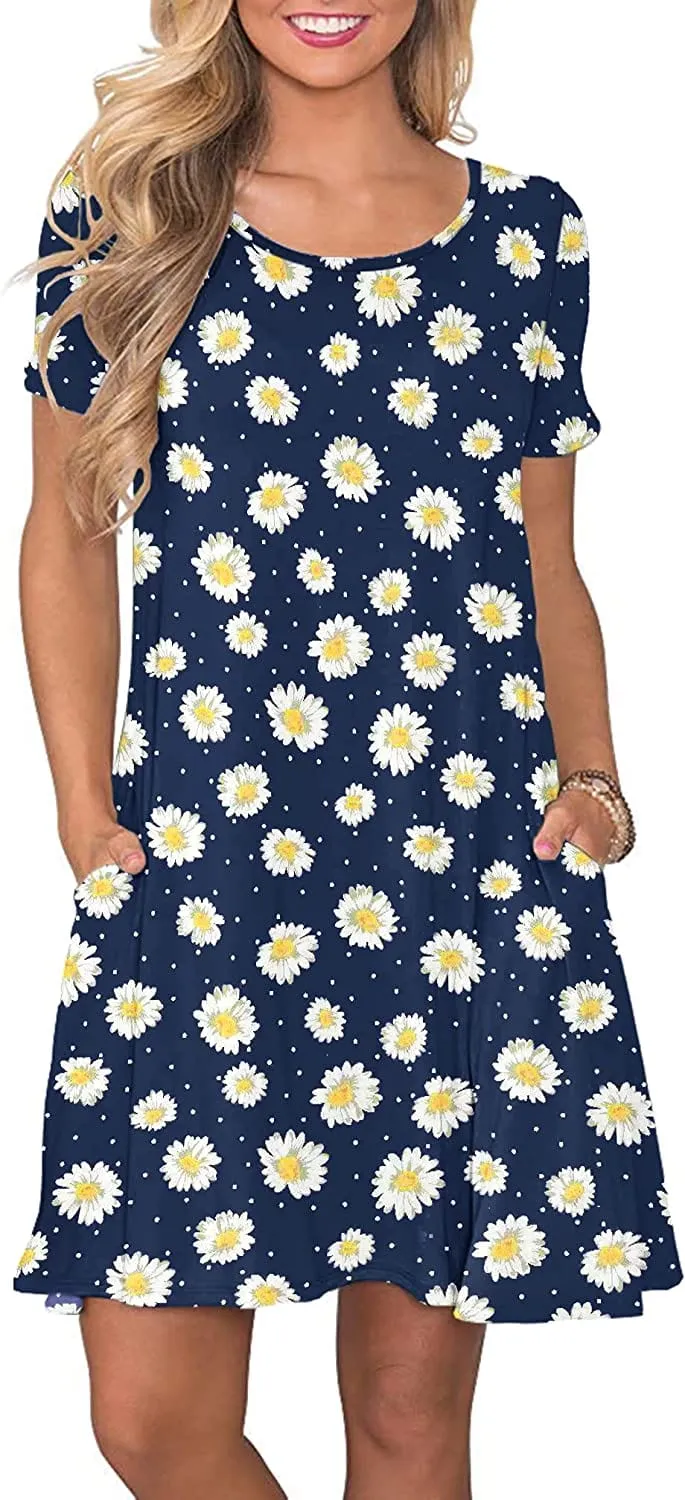 Women's Summer Casual T Shirt Dresses Short Sleeve Swing Dress with Pockets