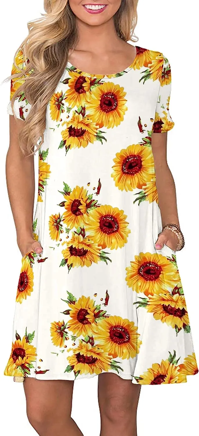 Women's Summer Casual T Shirt Dresses Short Sleeve Swing Dress with Pockets