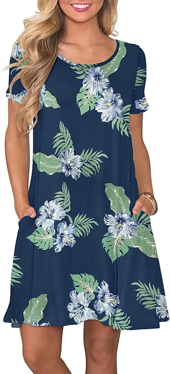 Women's Summer Casual T Shirt Dresses Short Sleeve Swing Dress with Pockets