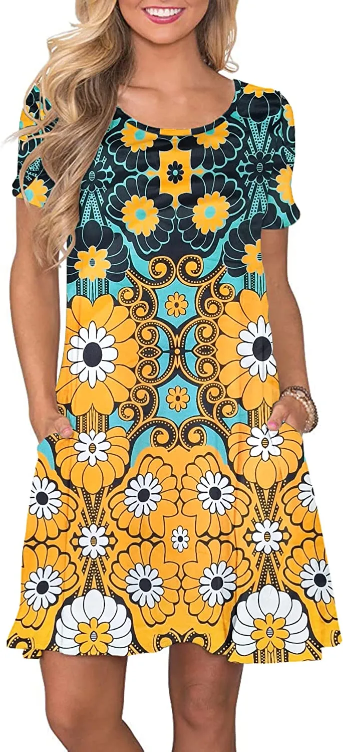 Women's Summer Casual T Shirt Dresses Short Sleeve Swing Dress with Pockets