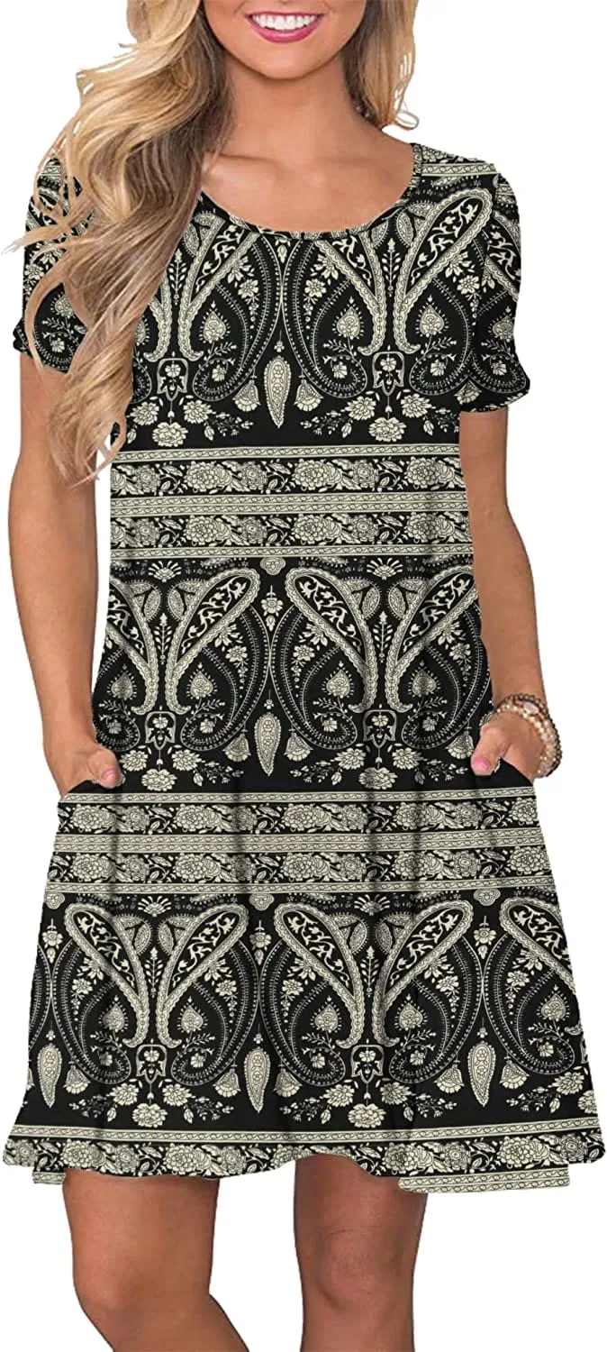 Women's Summer Casual T Shirt Dresses Short Sleeve Swing Dress with Pockets
