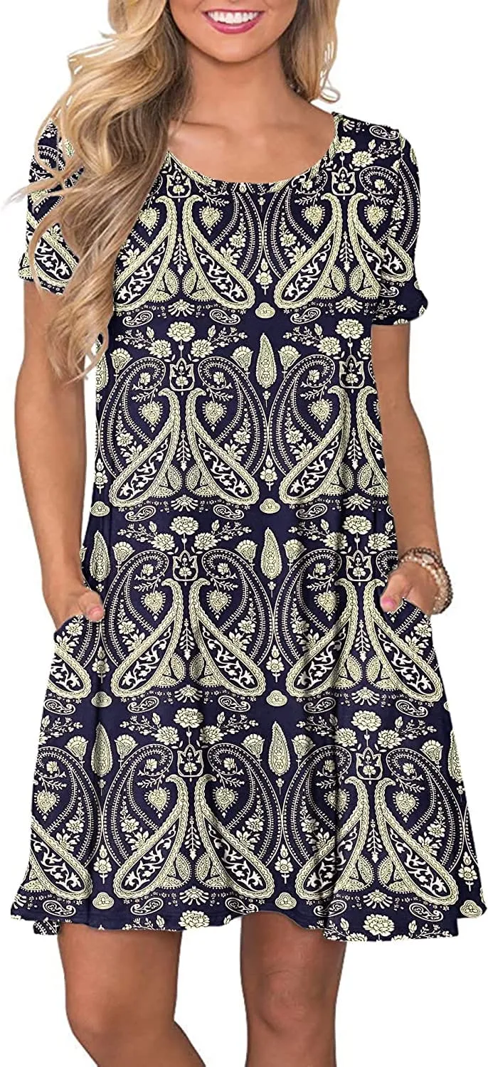 Women's Summer Casual T Shirt Dresses Short Sleeve Swing Dress with Pockets