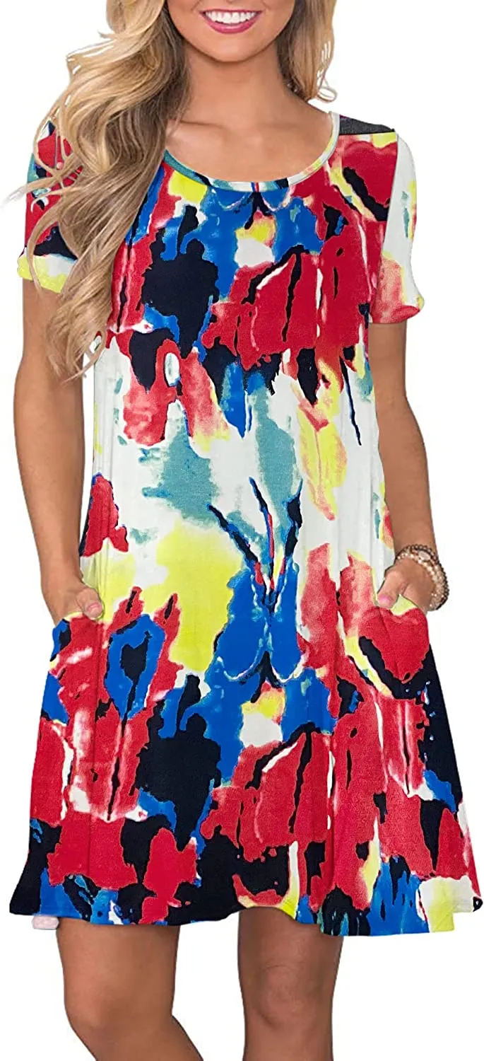 Women's Summer Casual T Shirt Dresses Short Sleeve Swing Dress with Pockets