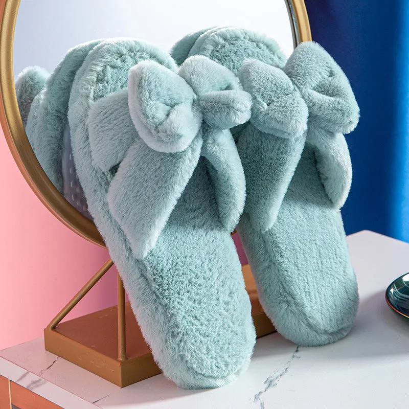 Womens Winter Open Toe Soft Plush Bowknot Slippers